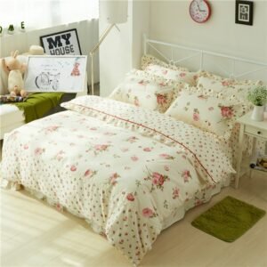 Chic Vintage Floral Duvet Cover with Ruffles Bed Sheet Set Elegant Princess Girls 100%Cotton Soft Twin Queen King Bedding sets 1