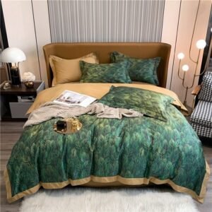 4Pcs 100%Egyptian Cotton Soft Queen King Size Colorful Botanical Green Leaves Bedding Set Duvet Cover Set Bed Sheet Pillowcases 1