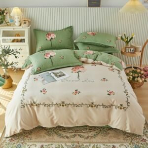 100%Cotton Soft Breathable Duvet Cover Set Queen King 4Pcs Rustic Flower Farmhouse Bedding set with Zipper Bed Sheet Pillowcases 1