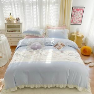White Blue Patchwork Embroidery Floral Duvet Cover Set King Queen Double 4Pcs Cotton Soft Comforter Cover Bed Sheet Pillowcases 1