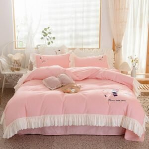 White Ruffled Duvet Cover Sets Korean Princess Pink Blue 100%Cotton Soft Bedding Girl Bed Sheet Bedding Set Queen King size 4PCS 1