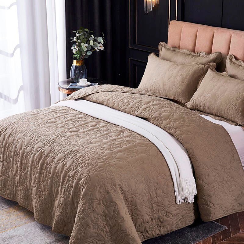 3/5pcs Full/Queen Embossed Solid Brown Color Coverlet Quilted Cotton Bedspread Coverlet 2 Quilted Pillow shams Soft Breathable 6