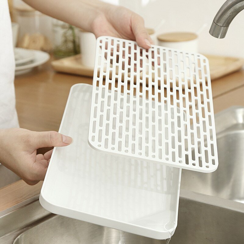 2pcs Double-layer Sink Caddy Sponge Cup Dish Drainer Mat Drying Tray Kitchen Counter Fruit Storage Organizer White Plastic 5