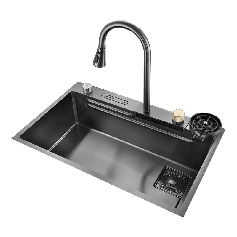 304 Stainless Steel Kitchen Waterfall Sink Large Single Sink Dish Vegetable Basin With Knife Holder Faucet Drain Accessories Set 3
