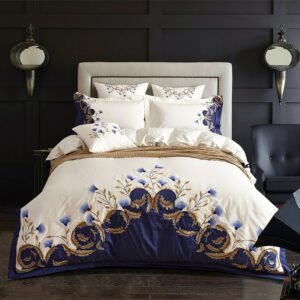 US King Queen size Chic Embroidered White Blue Luxury Bedding set 60S Egyptian Cotton bed sheet set Duvet cover Pillowcase 1