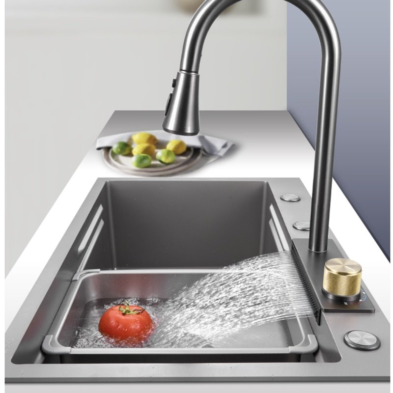 Large Black Grey Rainfall Waterfall Single Slot Kitchen Sink 3mm Thickened Wash Basin Bowl Kitchen Sink Topmount Faucet Drain 5