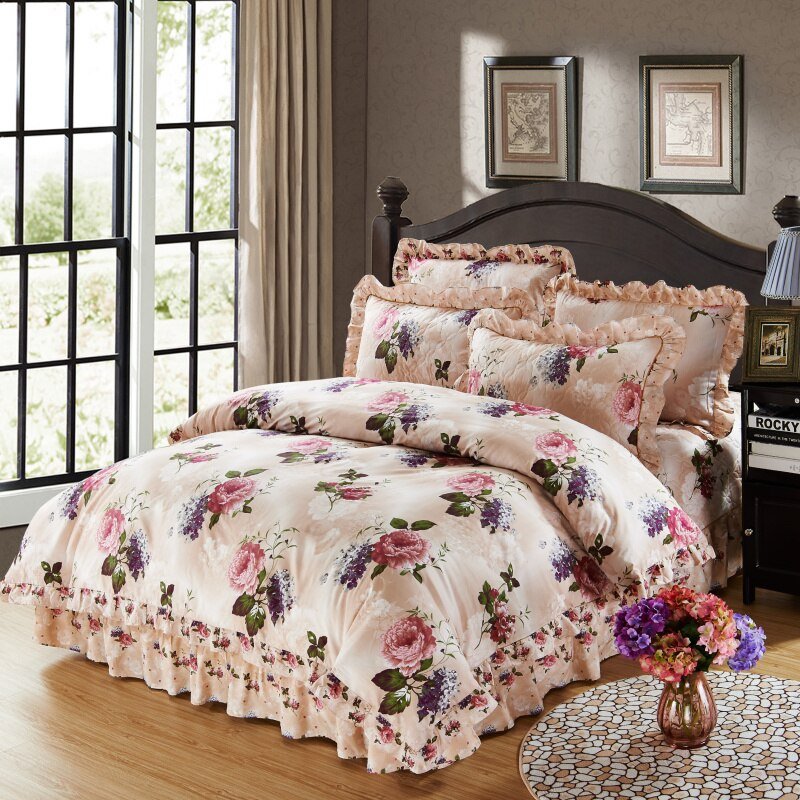 100%Cotton 4Pcs Spring Blossom Flowers Bedding Sets with Quilted Cotton Bed spread Duvet Cover Pillowcase 4/6Pcs Queen King size 2