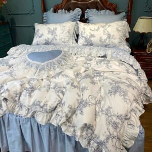 Luxury Premium Egyptian Cotton Ultra Soft Bedding set Blue White Lace Design Duvet Cover for Home Decor Bedskirt Pillowcases 1