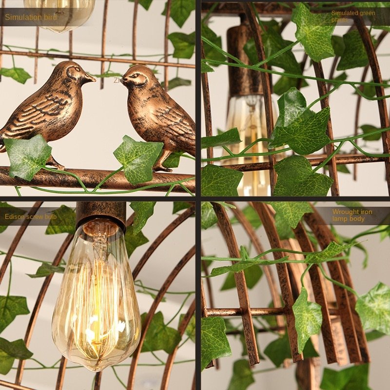 Retro Style Iron Bird Cage Green Leaf Decoration Chandelier for Restaurant Holl Bar Dining Table Garden  LED Lamps Indoor Decor 3