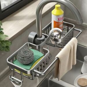 Aluminum Kitchen Sink Organizer Faucet Sponge Holder Caddy Rack Drainer with Hook Hanger Towel Bar Storage Black 1