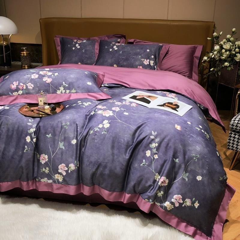 Spring Bloom Floral Bedding Set 1000TC Long Staple Cotton Silky Soft Full/Queen 4Pcs Duvet Cover Set  Bed Sheet Pillow shams 2