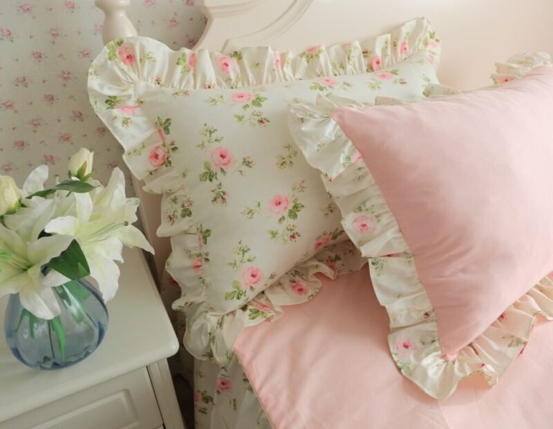 Vintage Pink Floral Ruffled Bedding Duvet Cover Set 100%Cotton Twin Queen King size Girls Bedding set Bedskirt Pillow shams 4