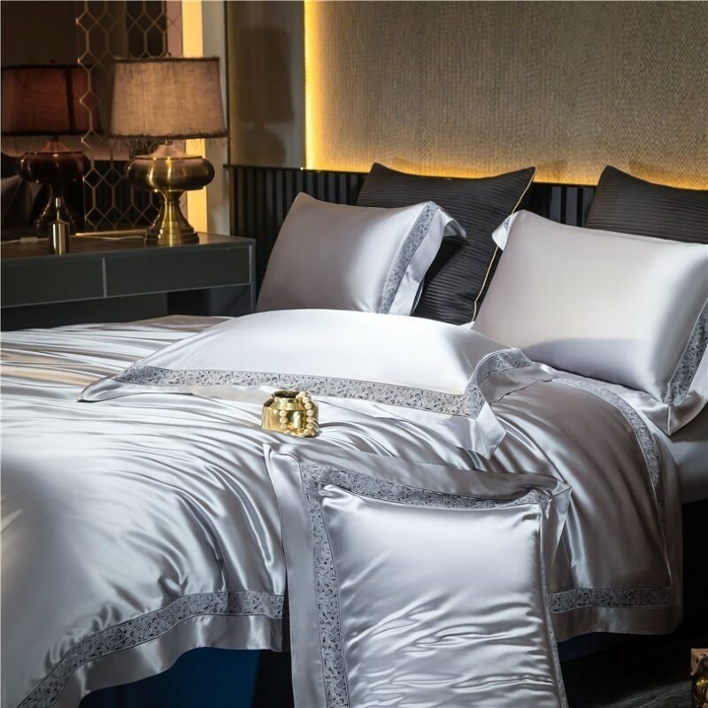 104X91"Cal King size Satin and Cotton Silver Bedding set 4/6Pcs King Queen Luxury Rich Silky Duvet Cover Bed Sheet Pillow shams 5