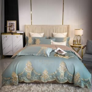 100% Egyptian Cotton Embroidery Duvet Cover 1000TC Long Staple Graylish blue Weave Soft Quality Dusty Blue Bed Sheet Pillowcases 1