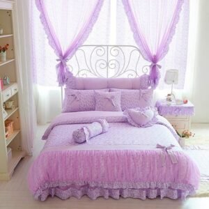 Peach Purple  Floral Chic Lace Duvet Cover Girls Women Soft Comfy 100% Cotton Romantic Farmhouse Bedding Set Bedskirt Pillowcase 1
