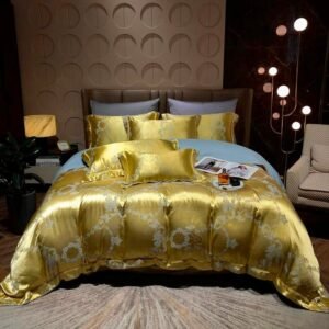 Jacquard Gold Duvet Cover Set Luxury Satin Like Silk Bedding Set Microfiber Soft Palace Style Quilt Cover Bed Sheet Pillowcases 1