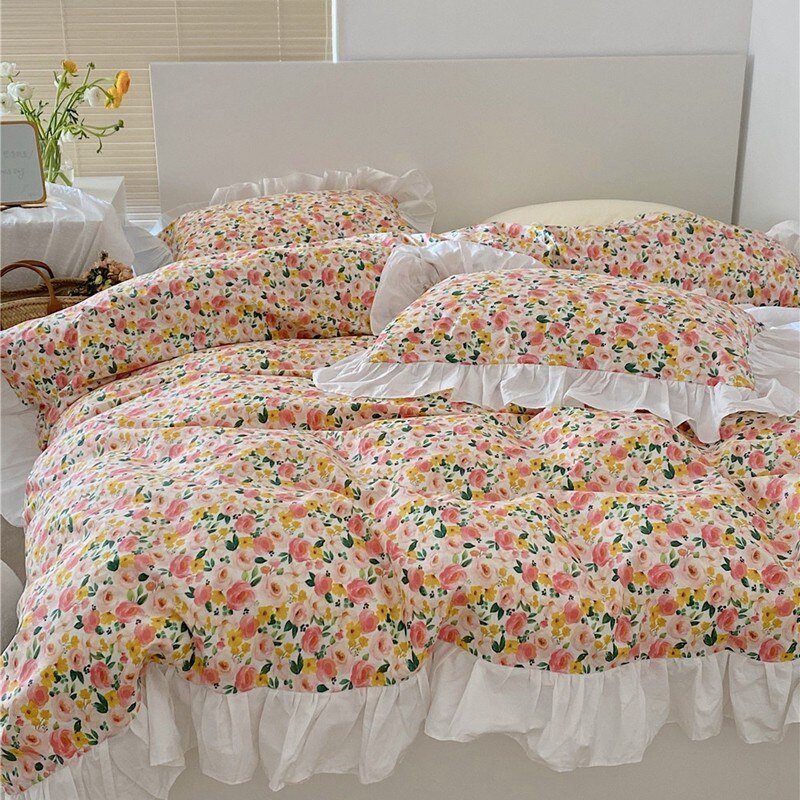 Girls Fresh Flowers Bedding Set Ultra Soft 100%Cotton Vintage Floral Ruffles Duvet Cover Bedsheet Pillowcases Twin Queen size 1