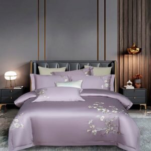 Chic Embroidery Floral Duvet Cover Set 1000TC Egyptian Cotton 4Pcs Elegant Purple Violet Bedding Set with Bed Sheet Pillowcases 1