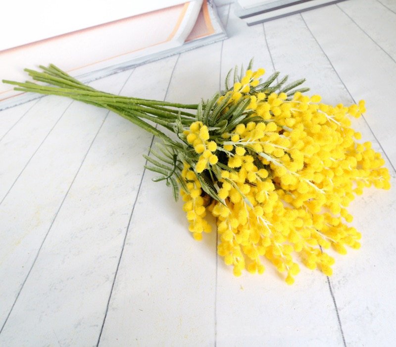 12/24pcs 57cm Fake Yellow Flower Branch Artificial Plant Mimosa Plastic Leaves Small Pompon Stamen For Home Wedding Room Decor 4