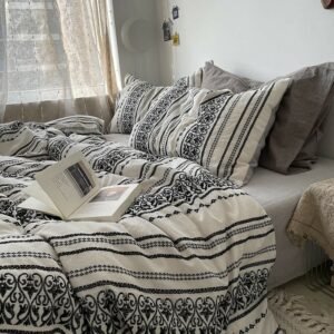 White Black Geometric Stripe Boho Duvet Cover Set Queen King 4pcs Yarn Dyed Wasehed Cotton Comforter Cover Bed Sheet Pillowcases 1