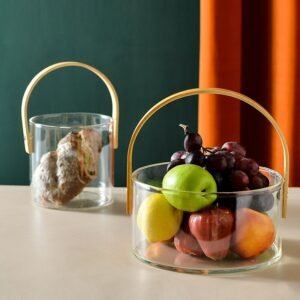 Glass Fruit Basket with Bamboo Wood Handle Ice Bucket Snacks Food Storage Containers Kitchen Organizer Living Room Transparent 1