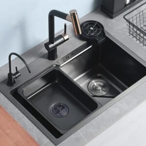 Black Grey 304 Stainless Steel Kitchen Sink Wash Basin Single Bowl Nano Large Single Slot Topmount Kitchen Sink Faucet Drain 1