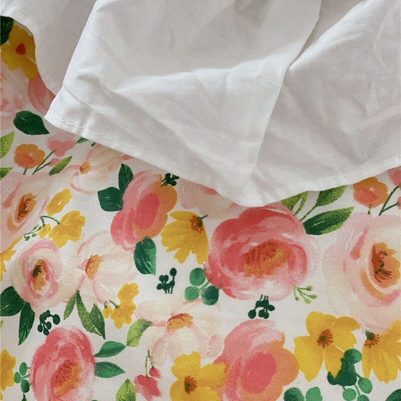 Girls Fresh Flowers Bedding Set Ultra Soft 100%Cotton Vintage Floral Ruffles Duvet Cover Bedsheet Pillowcases Twin Queen size 3