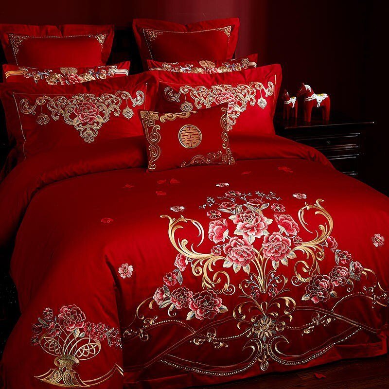 Luxury Double Happiness Wedding Red Bedding Set Embroidery 100%Cotton Soft Duvet Cover set Flat sheet Bedspread Pillow shams 3