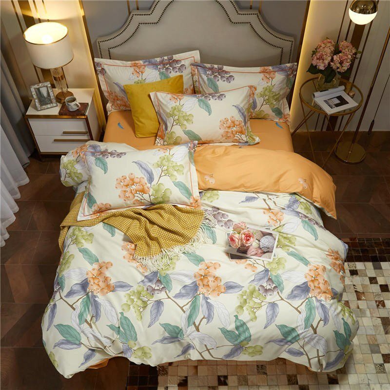 100%Cotton Full Queen 4Pcs Tropical Leaves Bedding set Duvet Cover Bed sheet Pillow shams Ultra Soft Breathable Zipper Core ties 4