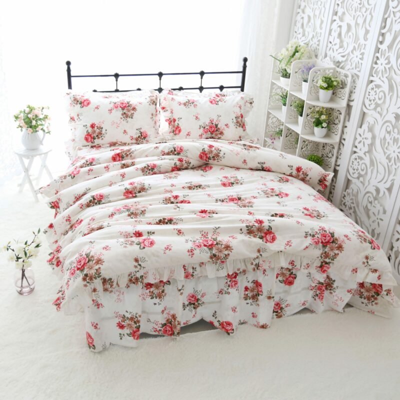 100%Cotton Ultra Soft Breathable Bedding Duvet Cover Set Twin Full Queen size Vibrant Floral Print Ruffles Bedding set Bedskirt 3