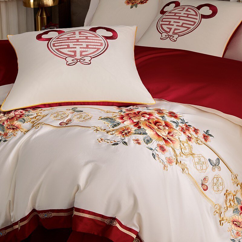 Luxury Double Happiness Blossom Embroidery Wedding Red Bedding Set 4/7Pc 1000TC Egyptian Cotton Duvet cover Bed sheet Pillowcase 4
