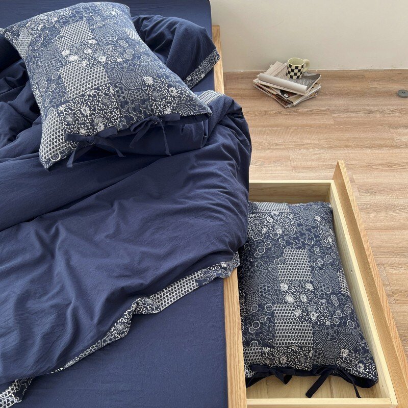 Navy Blue 1Duvet Cover 1bed Sheet 2/4Pillowcases Double Queen King 4/6Pcs 100%Washed Cotton Solid Plain Ultra Soft Bedding Set 6