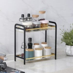 2 Tier Kitchen Counter Top Shelf Organizer Spice Rack Stand Seasoning Bottle Jar Storage Holder Cabinet Pantry Black Space Saver 1