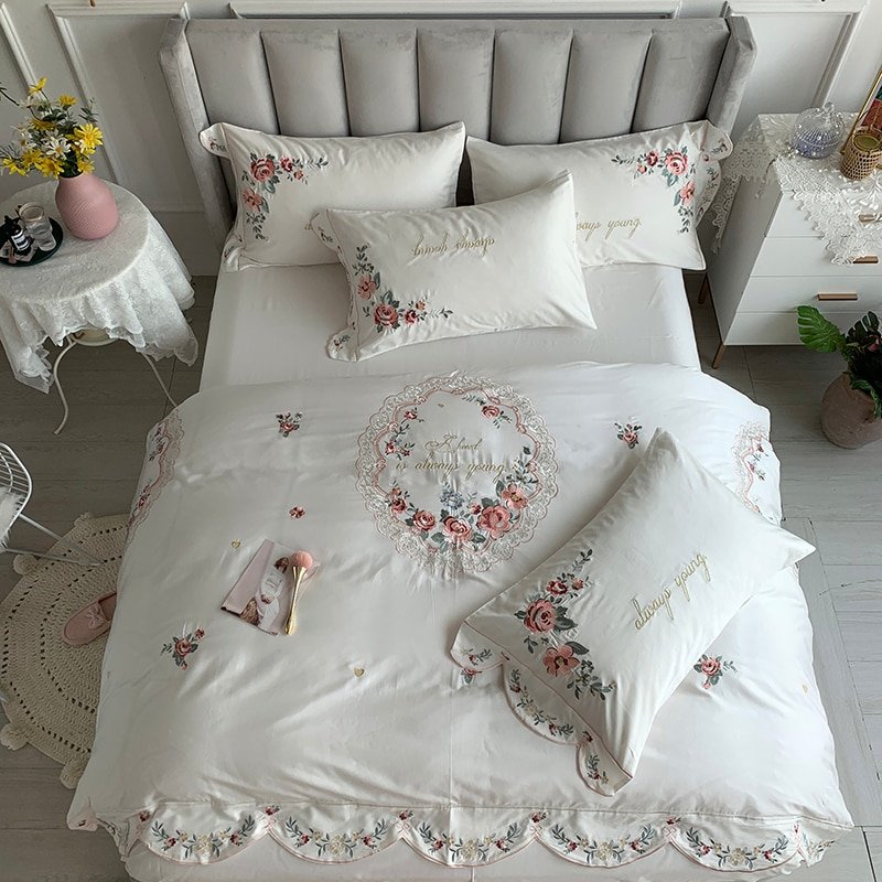 Luxury Chic Flowers Embroidery White Bedding Set 600TC Egyptian Cotton 1 Duvet Cover 1 Bed Sheet 2 Pillowcase Queen King 4Pcs 1