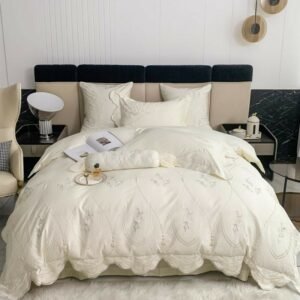 Chic Shell edge Embroidery Duvet cover Bed Sheet Pillowcases 1200TC Egyptian Cotton Solid Ivory Bedding Double Queen King 4Pcs 1