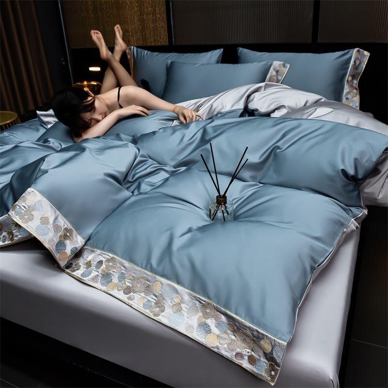 Solid Color 1000TC Egyptian Cotton Duvet Cover Chic Embroidery Blue 4Pcs Twin Queen King Family Bedding Set Bed Sheet Pillowcase 3
