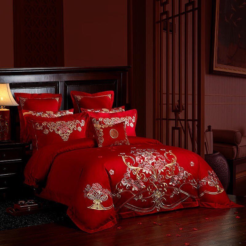 Luxury Double Happiness Wedding Red Bedding Set Embroidery 100%Cotton Soft Duvet Cover set Flat sheet Bedspread Pillow shams 2