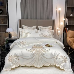 4/6Pcs White Gray Sateen Gold Embroidery Luxury Satin Cotton Bedding set Double Queen King Comforter Cover Bed Sheet Pillowcases 1