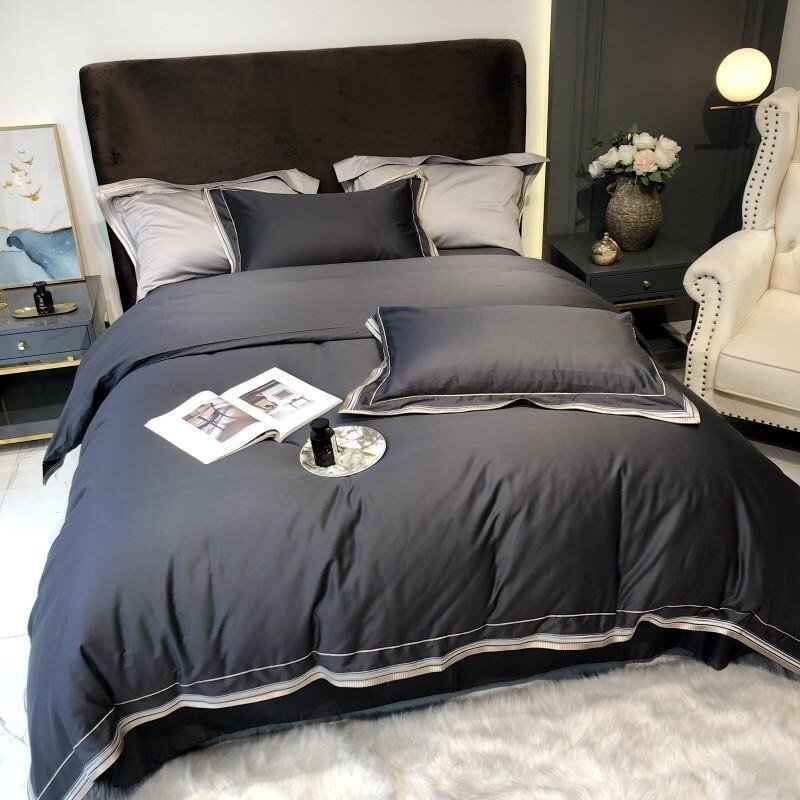 100%Egyptian Cotton Duvet Cover Set Ultra Soft Easy Care Breathable Queen/King 4Pcs Dark Grey Bedding set Bed Sheet Pillowcases 1