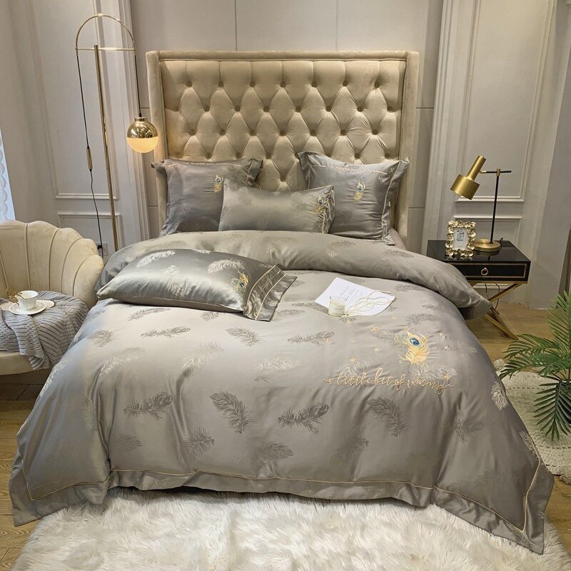 Bird Peacock Feather Pattern Embroidery White Grey Duvet Cover Sateen Cotton Luxury Bedding set Sheets Queen King size size 4Pcs 3