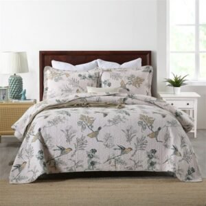Grey Leaves Birds Printing 3Pcs Full Queen Quilt Set Country Style 100%Cotton Quilted Bedspread Coverlet with 2 Pillow Shams 1