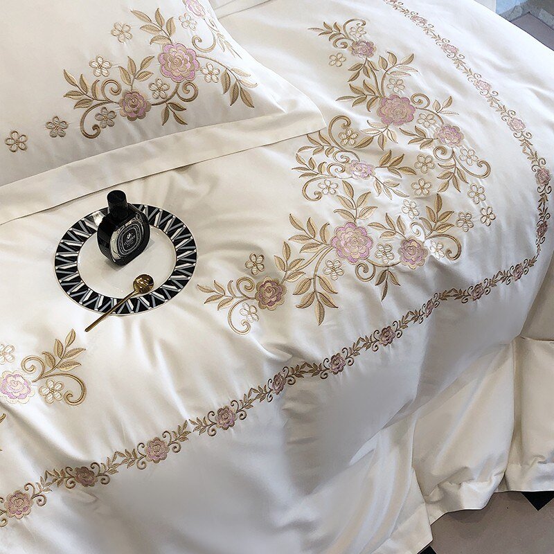 100%Cotton embroidery Duvet Cover Set Double Queen King 4Pcs Floral White Elegant French Garden Girls Cottage 4PCS Zip Bedding 6