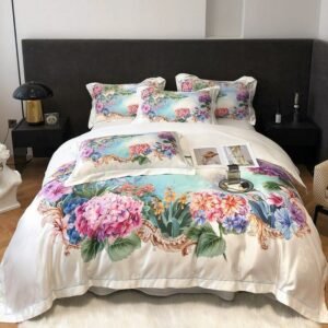 Garden Blooming Flowers Printed Chic Duvet cover Peacock Feather Decorative 4Pcs Cotton Bedding set Bed/Fitted Sheet Pillowcases 1