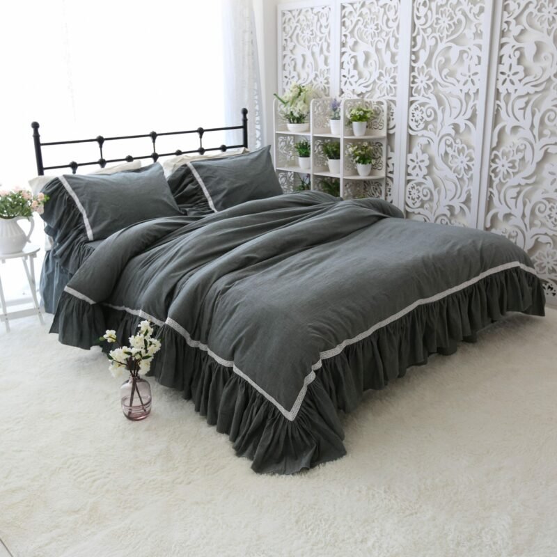 Deep Grey Wide Ruffles Duvet Cover 100%Washed Cotton Shabby Soft Bedding Sets Bedskirt Pillowshams Queen King Twin size 4Pcs 2