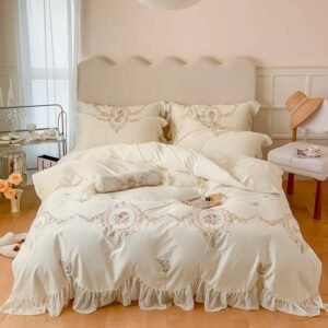 Off White Peach Chic Ruffle Duvet Cover Flowers Embroidery Luxury Bedding Double Queen King Quilt Cover Bed Sheet 2 Pillowcases 1