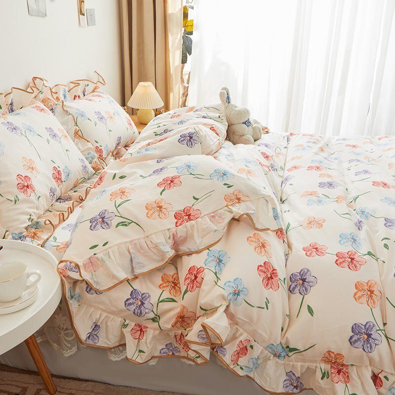 100%Cotton Bedding set Twin Queen King Girls Floral Ruffles Lace Duvet Cover set Fitted sheet Pillowcases 3/4Pcs Garden Flowers 3