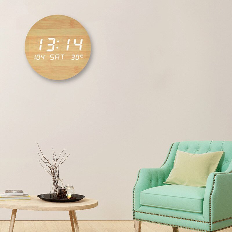 3d Led Digital Clock Glowing Night Light Wooden Mechanism Temperature Wall Clocks Perpetual Calendar Modern Home Decor XFYH 4