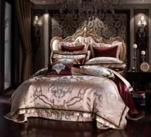 Golden Silk Cotton Luxury Satin Jacquard Bedding Set Queen King size Wedding Bedding Sets Bed Sheet/Spread Set Duvet Cover 1