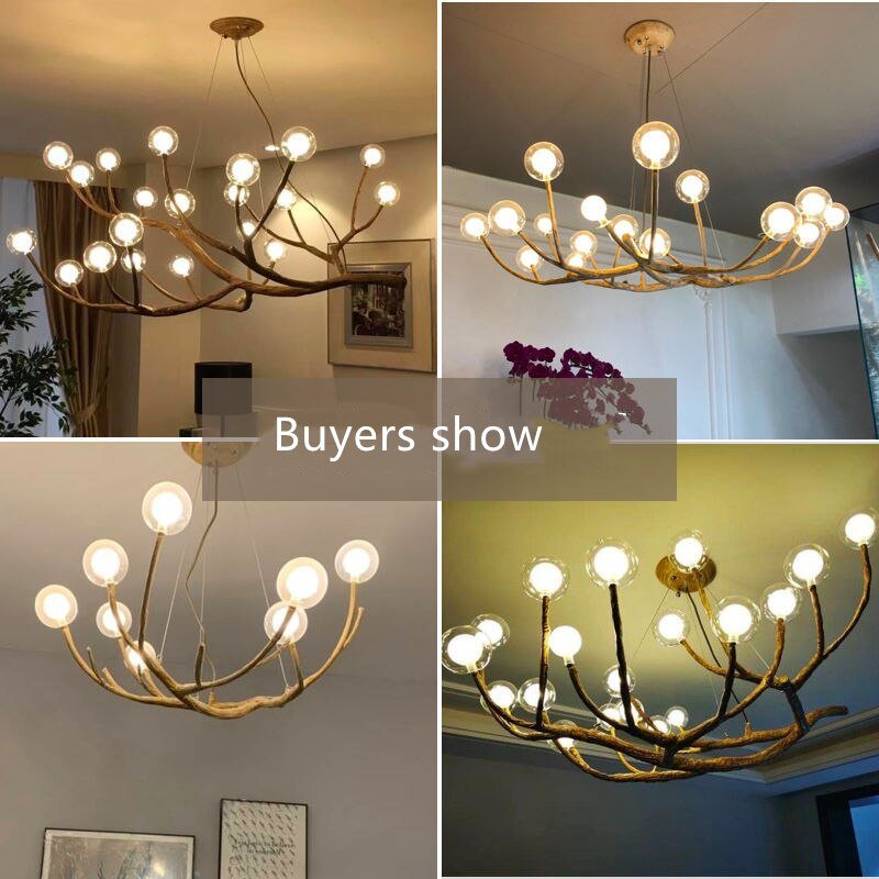Simulation Resin Iron Tree Branch Glass Bubble Led Pendant Chandelier For Living Room Dining Retro House Decor Hanging Lighting 6