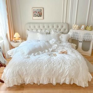 4/6Pcs Pinch Pleated Textured Duvet Cover set 100%Washed Cotton Pintuck White Comforter Cover 160X200cm Bedskirt Pillow Shams 1